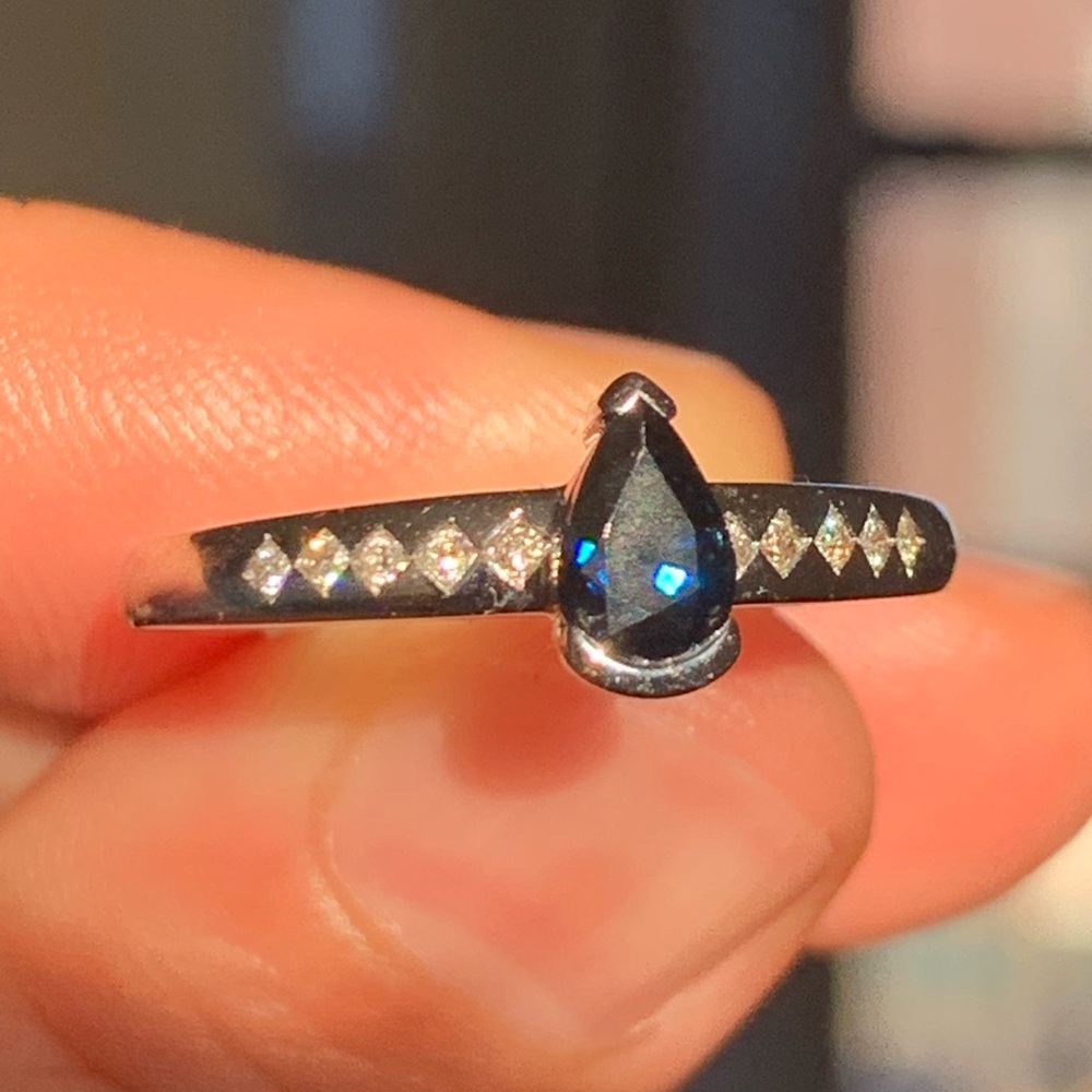 14k gold Diamond  and Blue Sapphire Teardrop Ring